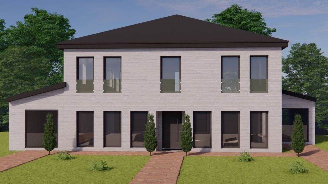 Visualisierung eines zweigeschossigen Wohnhauses mit heller Klinkerfassade und flach geneigtem Walmdach